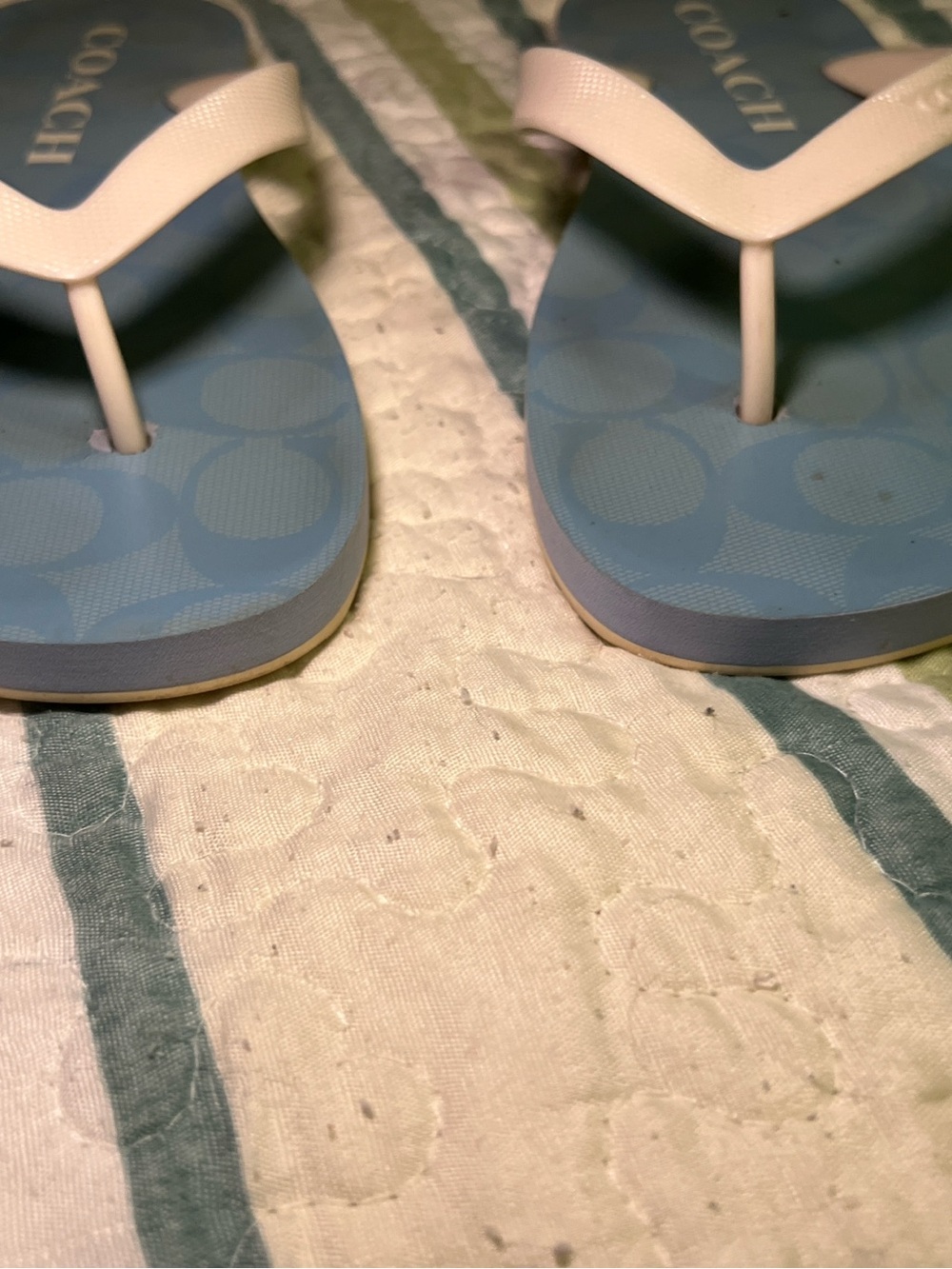 Coach Light Blue Zac Signature Logo Flip Flops with Cream Straps - Picture 2 of 6